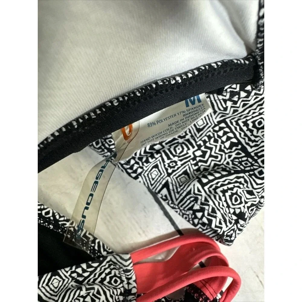 O'Rageous Womens Geometric Tribal Print Bikini Set Black White Coral Pink Large